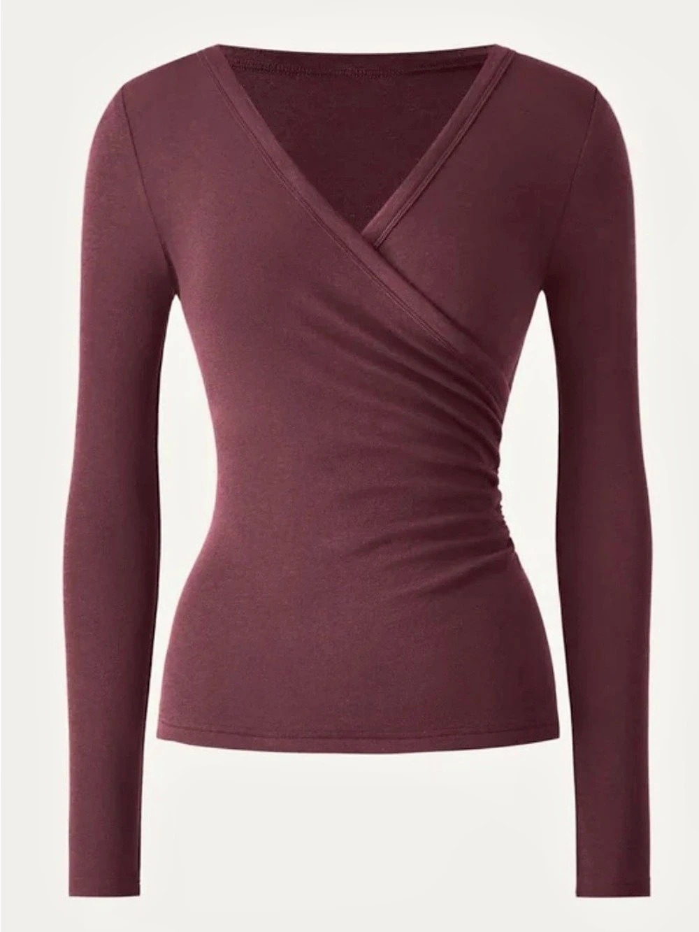 NWT OGL Eco-MiYaMoon Surplice Ruched Long Sleeve Top Wine L